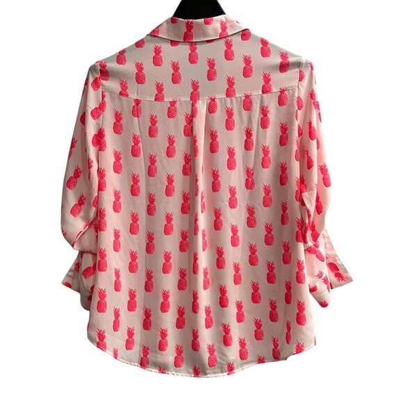 Express The Portofino Shirt Womens M White Chiffon Neon Pink Pineapple Print - Picture 2 of 6